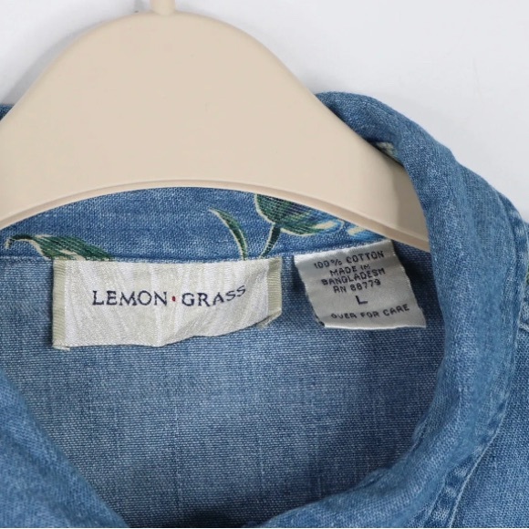 Lemon Grass Vintage Womens Denim Shirt Flower Floral Pattern Long Sleeve Blue L - Picture 5 of 6